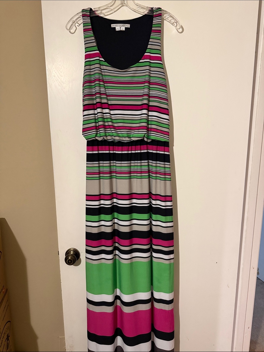 Maggy London Striped Sleeveless Maxi Dress in Pink, Green, Black & Gray